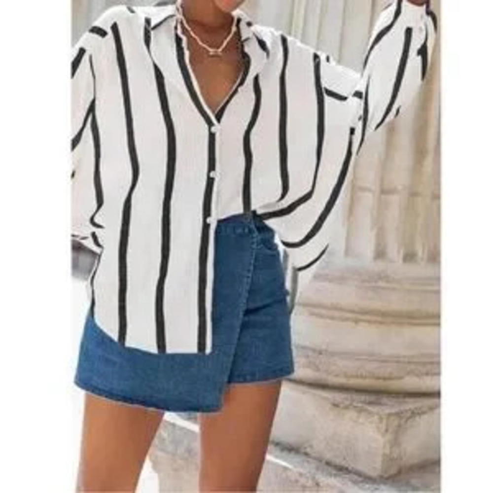 White with Black Stripes Oversized Button Down Shirt Long Sleeve - Picture 3 of 5